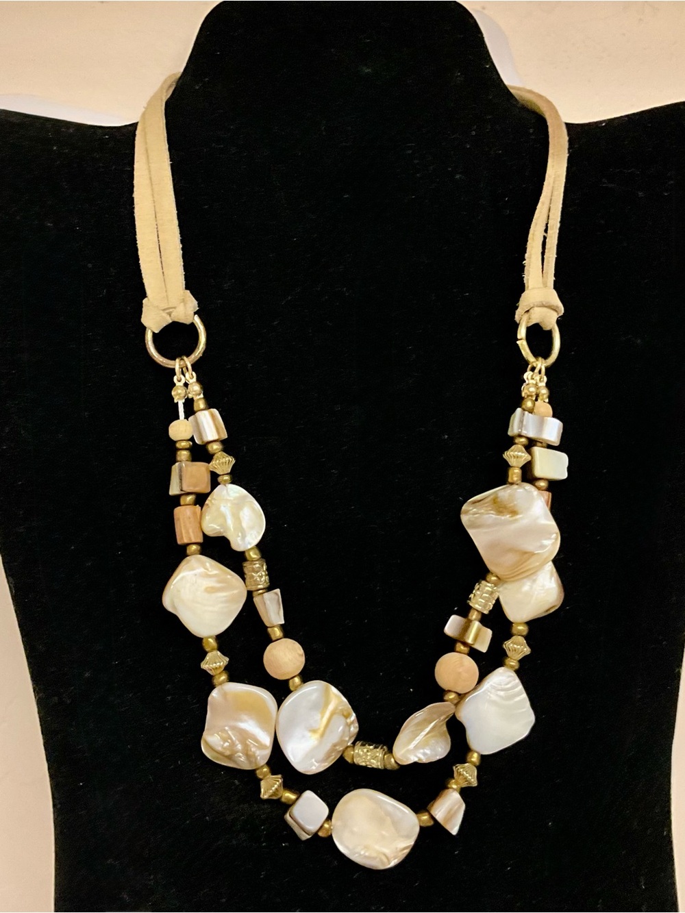 Boho Mother of Pearl Shell Double Strand Statement Necklace